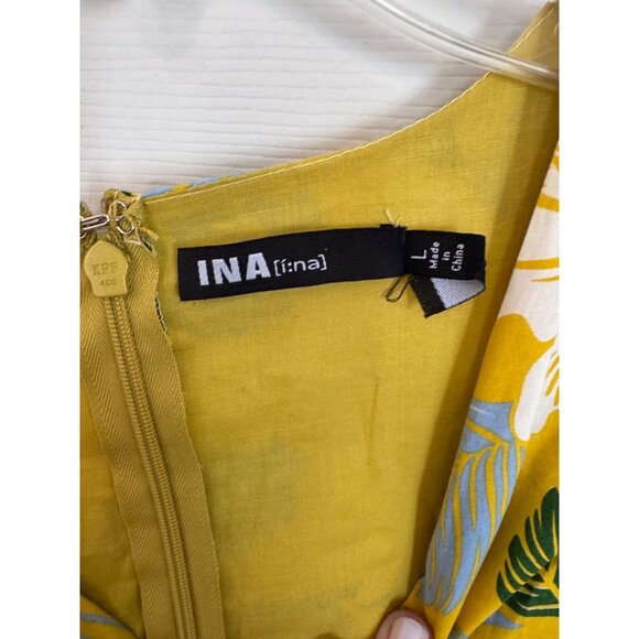 INA Yellow Tropical Floral Short sleeve V-neck Mini Dress Size Large - Picture 5 of 13